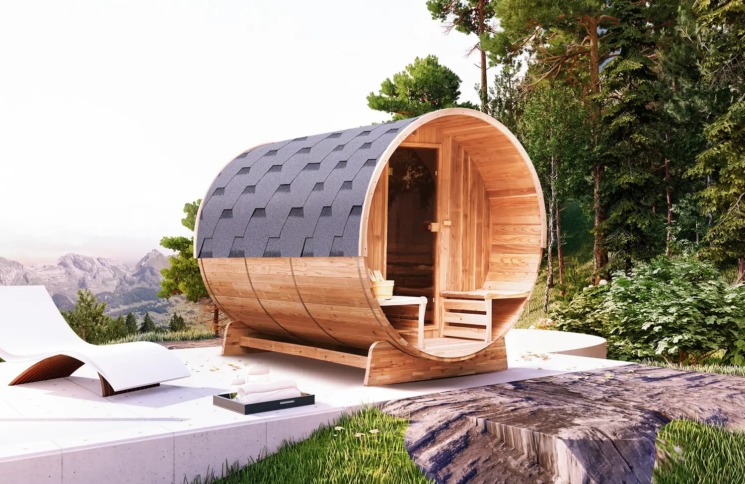 Sauna extérieur tonneau en bois dans un jardin