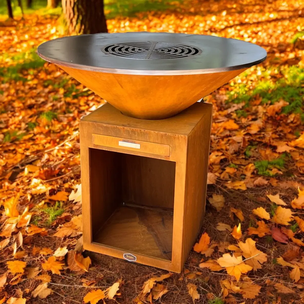 Brasero design dans un jardin automnal