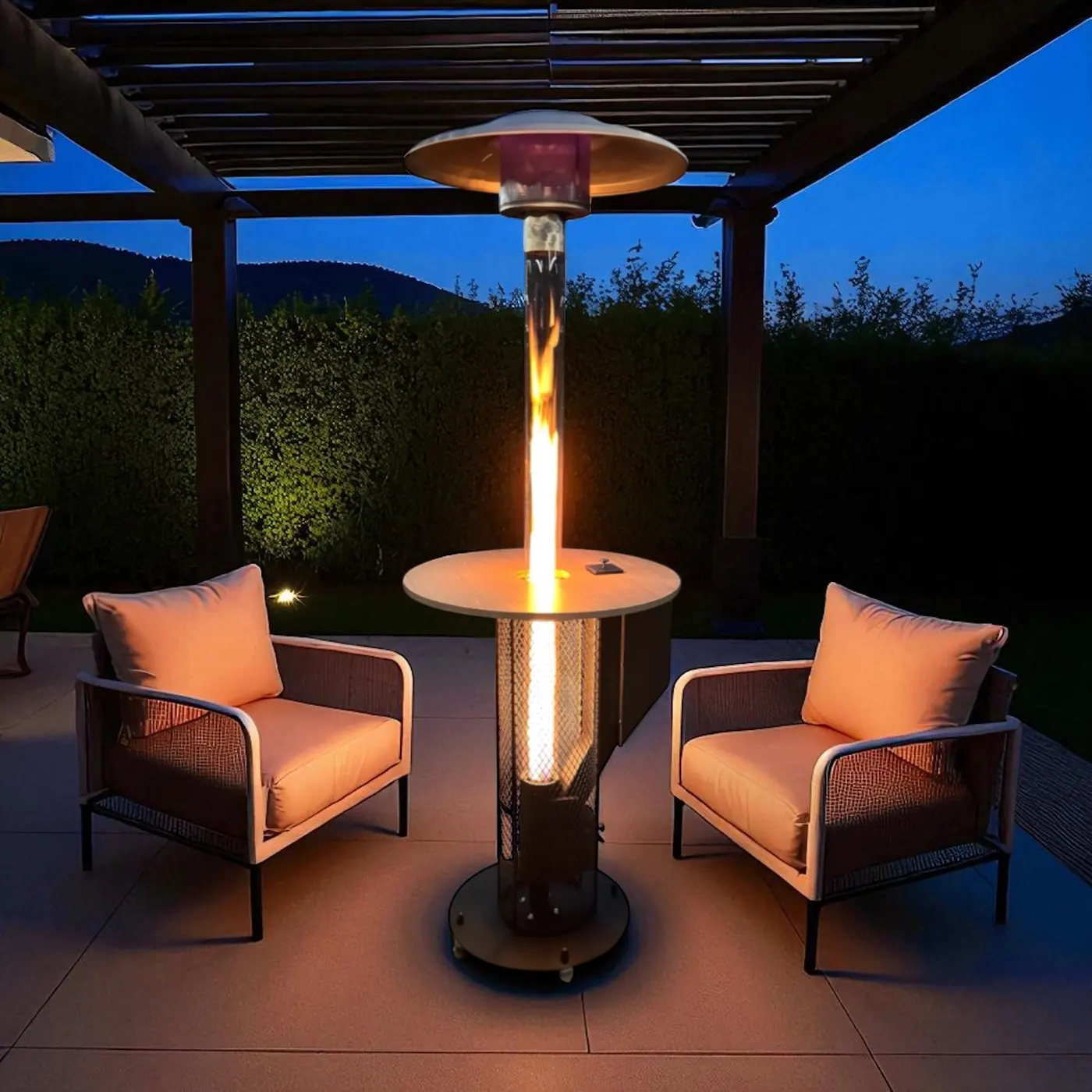 Chauffage extérieur lumineux sur terrasse couverte