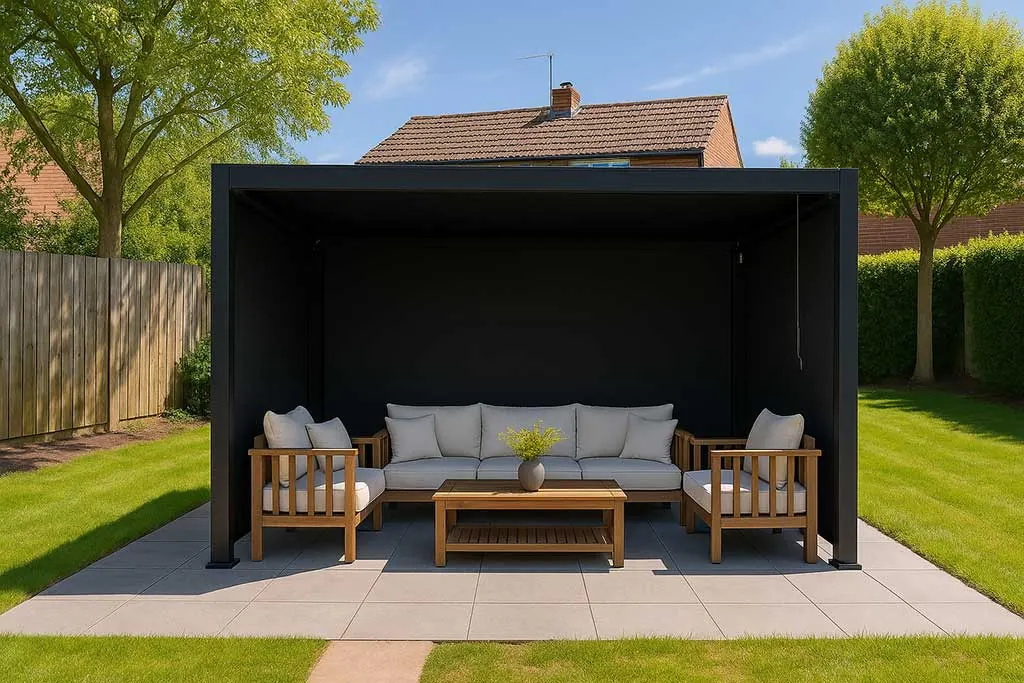 Pergola avec salon de jardin couvert